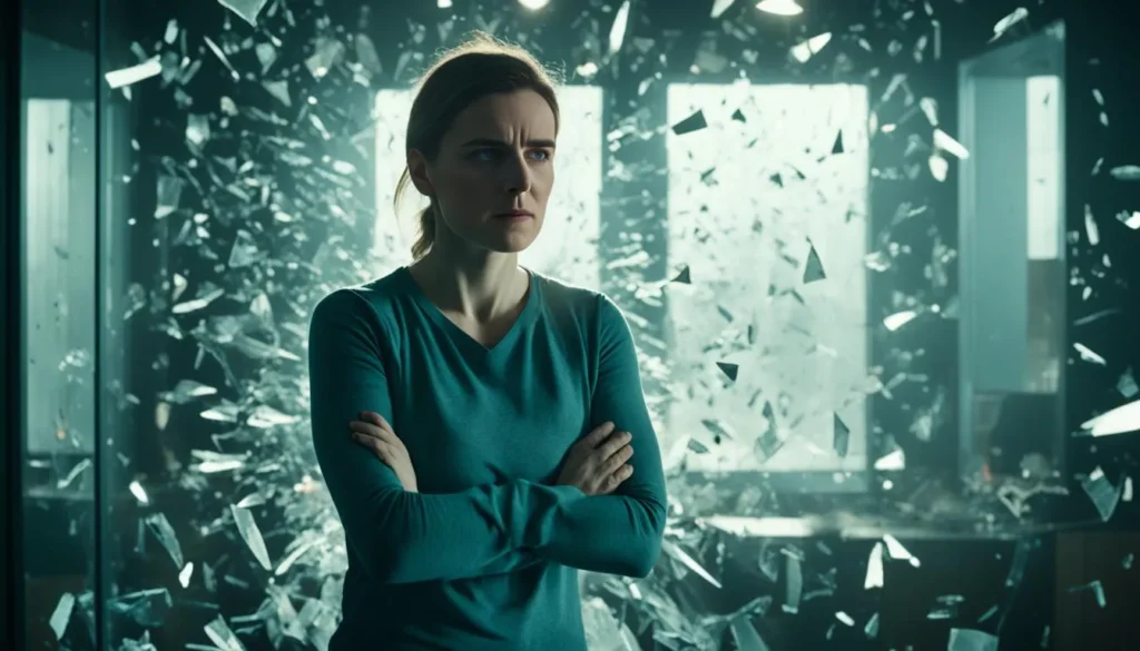 A resolute professional woman stands firm, arms crossed, amidst a dynamic backdrop of shattered glass, illustrating the fortitude necessary in the evolving 2024 venture capital landscape.