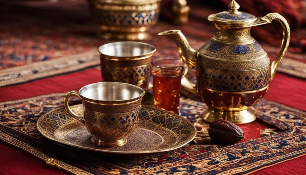 Traditional Saudi tea set on a patterned carpet, symbolizing the cultural richness embraced by JOH Partners in their recruitment services.