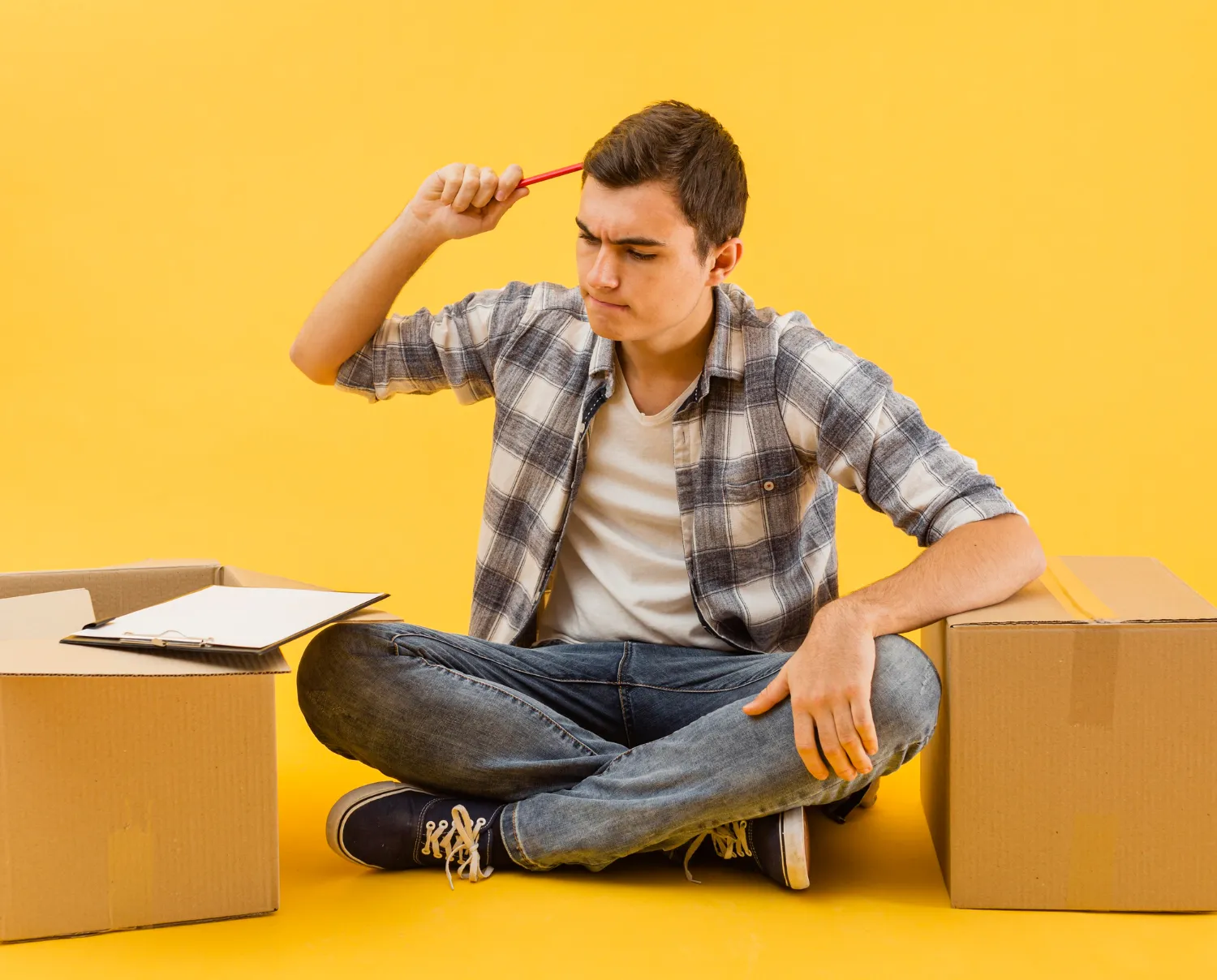 A young man with a pencil to his temple sits cross-legged between two open cardboard boxes, contemplating the differences between open-ended and closed-ended funds, as explained by JOH Partners.