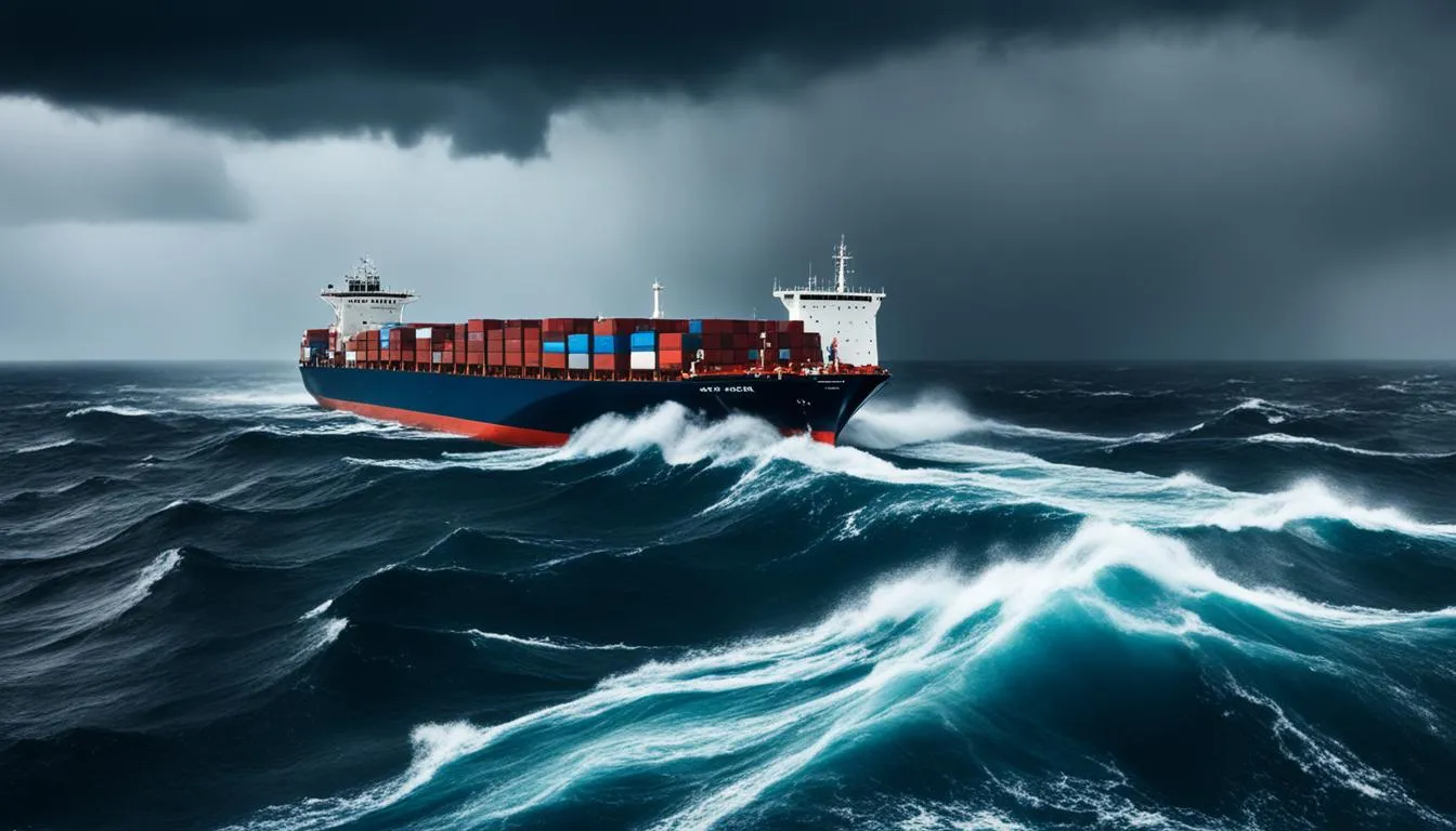 Cargo ship sailing through a stormy sea, illustrating the resilience needed in supply chains during the Red Sea crisis, a focus of JOH Partners' expertise.
