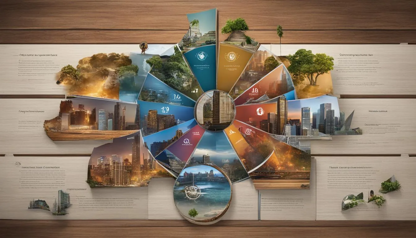 A circular infographic on a wooden background with segmented pictures representing different industries, symbolizing the career trajectory planning discussed in JOH Partners' blog on long-term career goals.