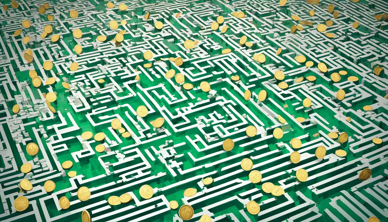 A complex green and white maze scattered with gold coins, representing the challenges and rewards in financial leadership as discussed by JOH Partners.