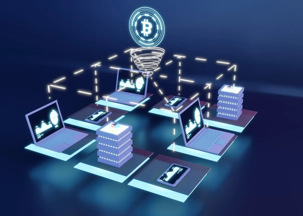Isometric illustration of blockchain technology in asset management, with interconnected blocks and devices, representing JOH Partners' innovation in the field.