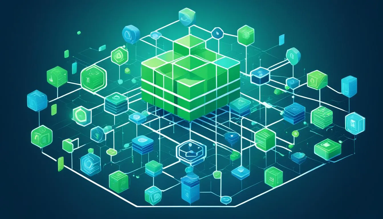 A digital representation of a multi-layered blockchain network with interconnected blocks and data points, symbolizing the cutting-edge approach of JOH Partners in blockchain asset management.
