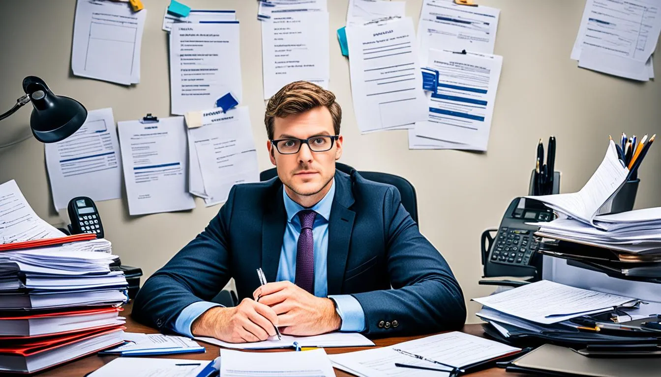 A meticulous professional sits at a well-organized desk cluttered with documents, symbolizing thorough preparation for an upcoming interview, a focus of JOH Partners' guidance.
