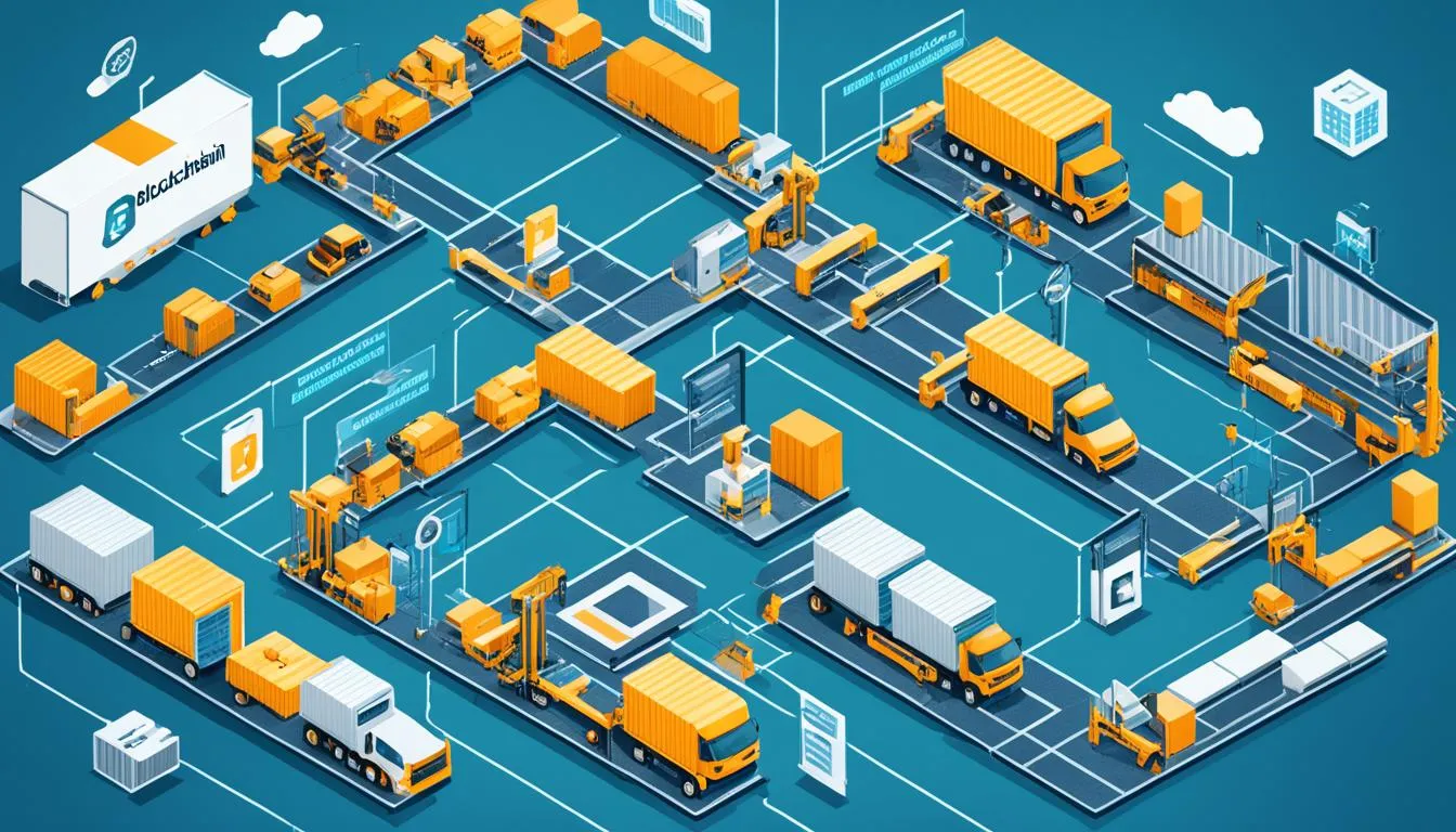 Illustration of trucks and cargo in a logistic hub, enhanced by blockchain technology, embodying JOH Partners' expertise in recruiting for supply chain and blockchain sectors.