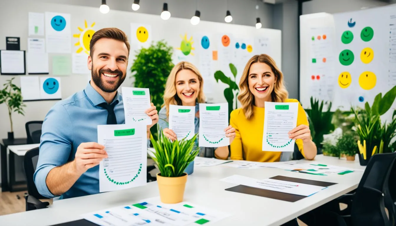 Three smiling professionals hold up their positive interview feedback forms in an office adorned with emoticon charts, illustrating JOH Partners' advice for securing affirmative feedback in interviews.