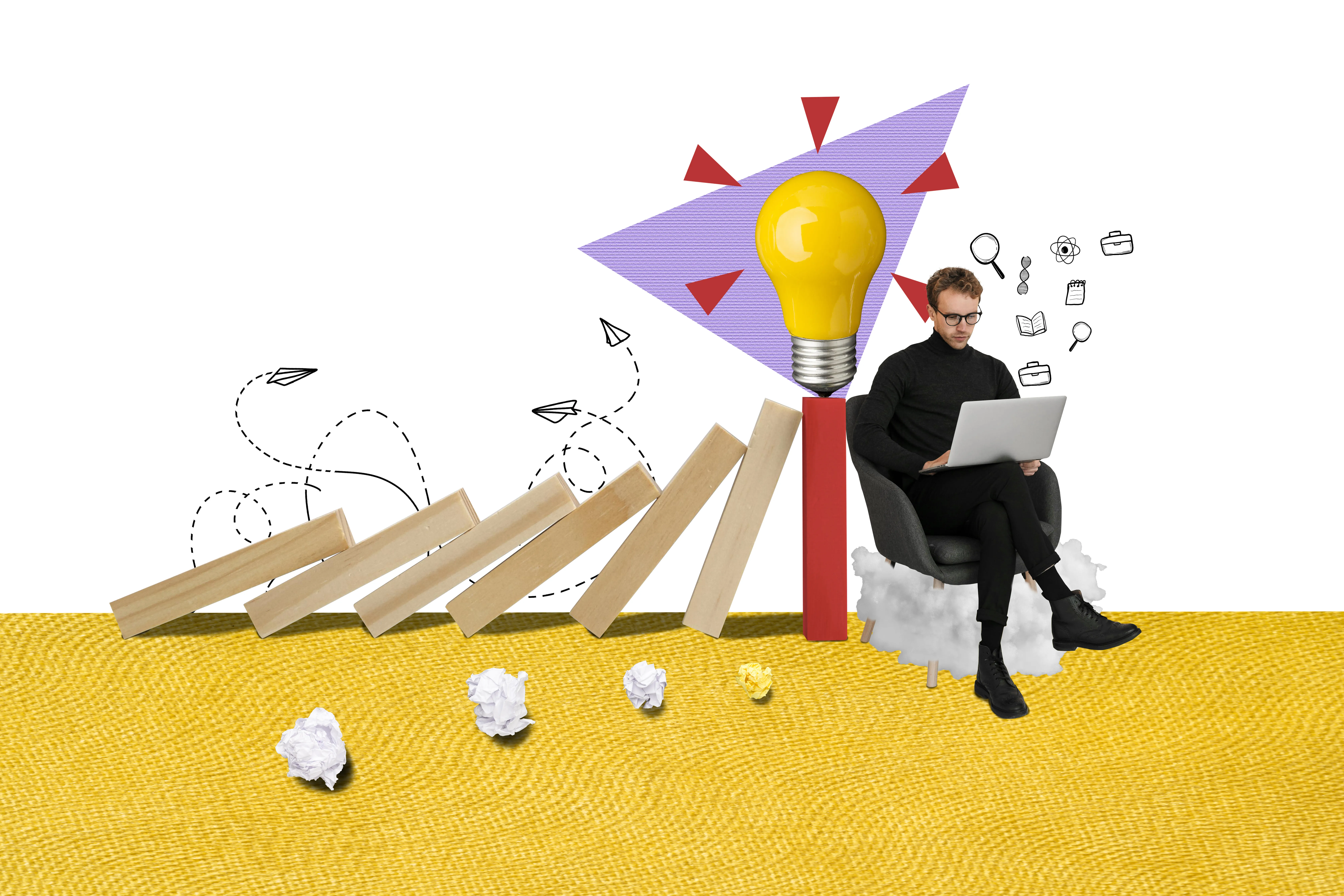 A creative composition with a person on a chair using a laptop, a bright light bulb representing an idea, and dominoes illustrating the impact of innovation.