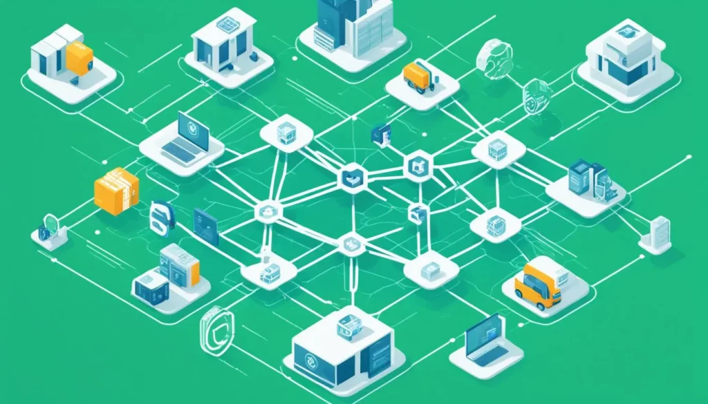 An isometric graphic of interconnected logistics and blockchain elements, symbolizing the streamlined supply chain solutions facilitated by JOH Partners' recruitment.