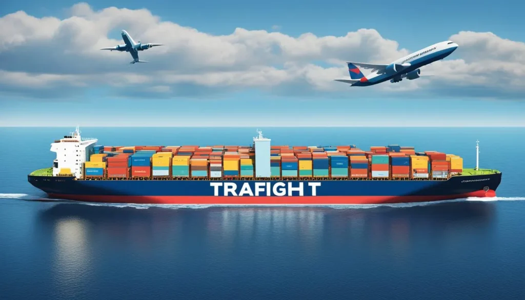 An airplane and a cargo ship travel across the ocean, representing JOH Partners' analysis of air and sea freight carbon footprints.