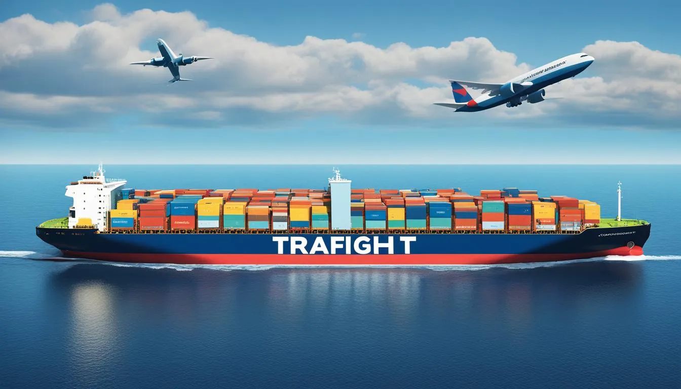An airplane and a cargo ship travel across the ocean, representing JOH Partners' analysis of air and sea freight carbon footprints.