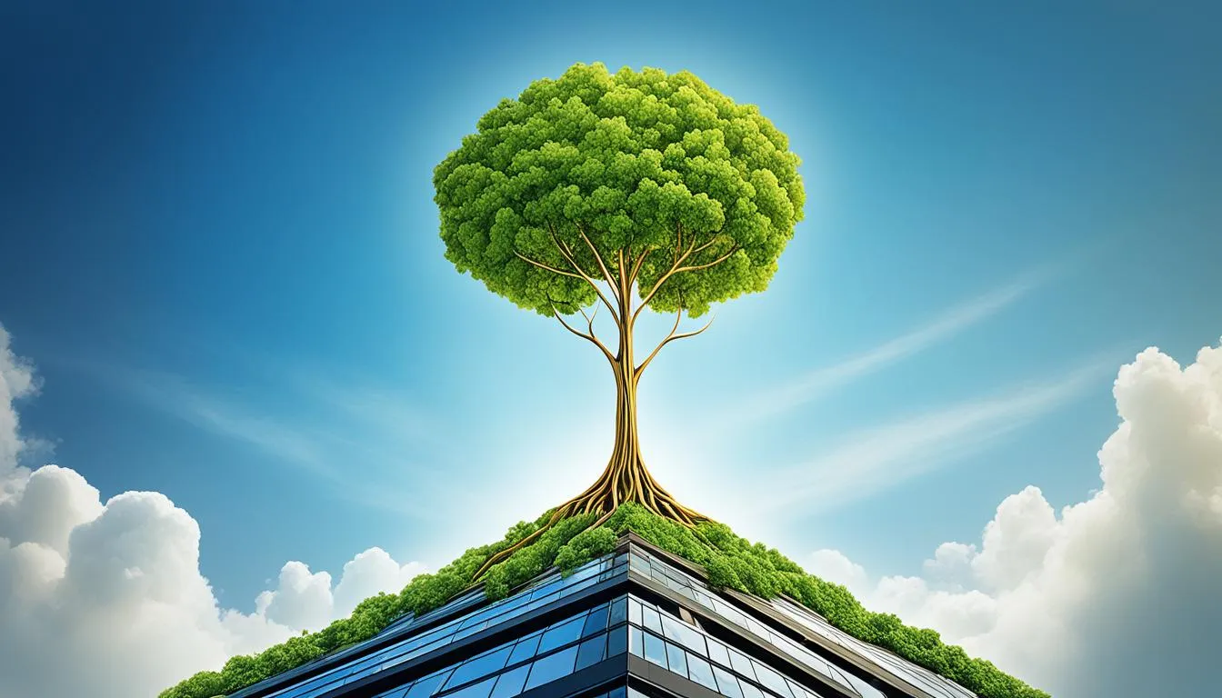 A vibrant green tree growing from the roof of a skyscraper, illustrating the going concern value in business valuation, presented by JOH Partners.