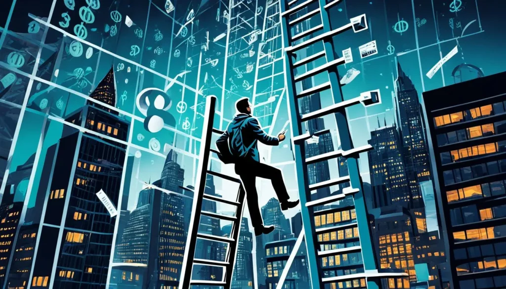 A graphic representation of a person climbing a ladder towards success in the finance industry, symbolizing the opportunities in equity research with guidance from JOH Partners.