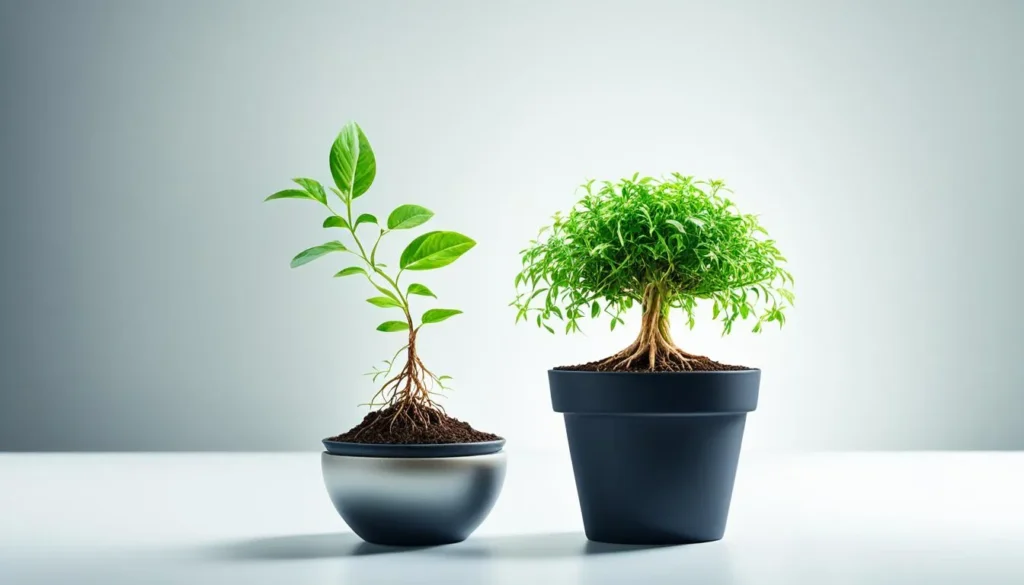 Two plants side by side, a small seedling and a full-grown bush, representing the startup growth journey, as featured by JOH Partners.