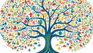 An illustration of a tree abundant with various cultural icons, representing the diverse global cultures and the significance of navigating cross-cultural challenges highlighted by JOH Partners.