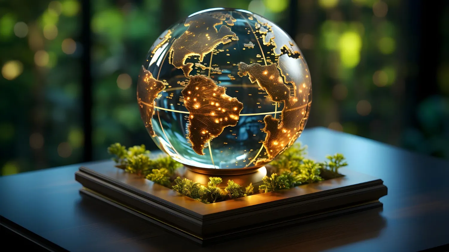 Illuminated desk globe displaying interconnectedness, with a focus on sustainability, representing JOH Partners' commitment to global environmental responsibility.