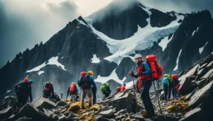 A group of mountaineers climbing a steep mountain, representing the perseverance required to navigate startup challenges, as explored by JOH Partners.