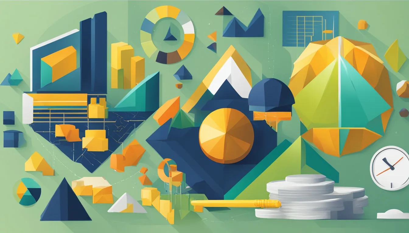 Abstract illustration depicting various geometric shapes and financial symbols, representing the complex concepts of asset allocation and security selection. This visual metaphor is used by JOH Partners to explain effective investment strategies on their website.