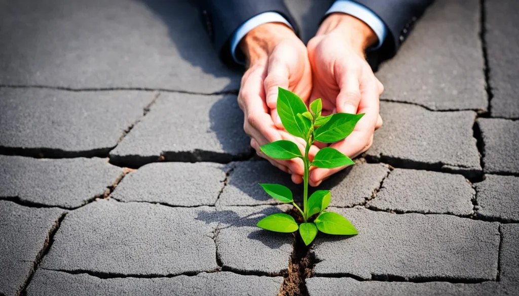 A businessman's hands gently support a young plant growing through cracked ground, illustrating the nurturing potential of psychological contracts, as discussed by JOH Partners in their exploration of workplace dynamics.