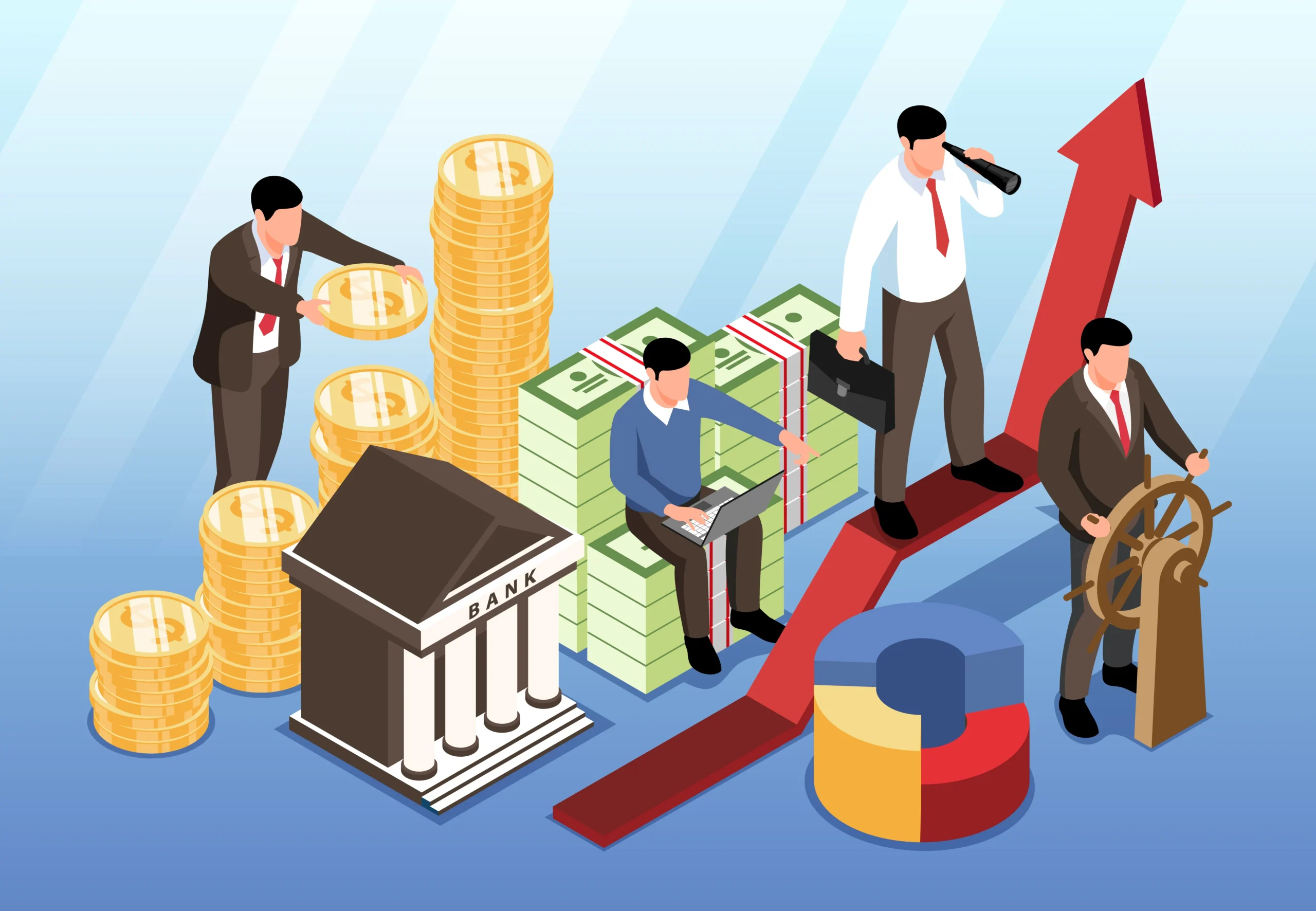 A stylized illustration showing four business figures with financial symbols such as coins, bank, money stacks, and a growth arrow, used by JOH Partners to depict exit opportunities and career progression in investment banking.