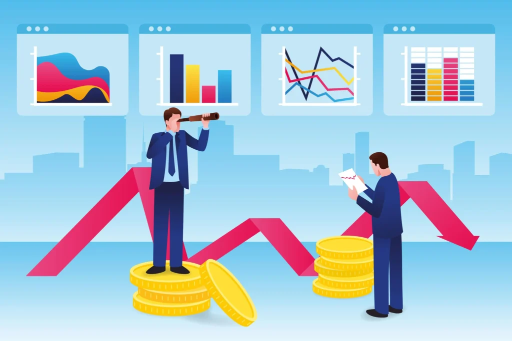 Two business figures on stacks of coins, one using a telescope and the other examining financial charts, represent strategic planning in investment banking, as depicted in a JOH Partners blog on exit opportunities.