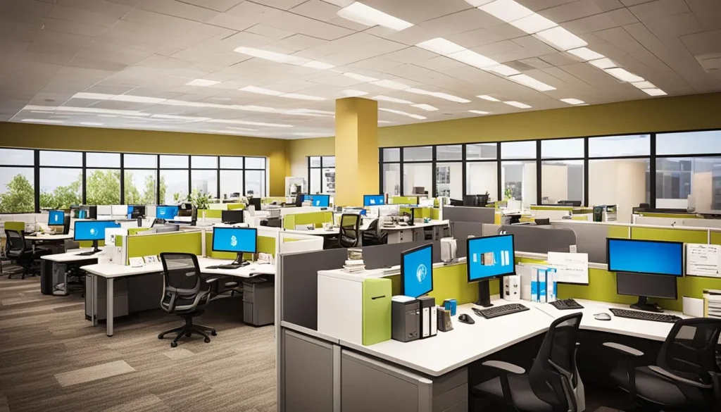 Spacious, well-lit office environment with multiple cubicles and workstations, showcasing an onsite work setting as discussed in JOH Partners' blog on choosing between remote and onsite work for career advancement.
