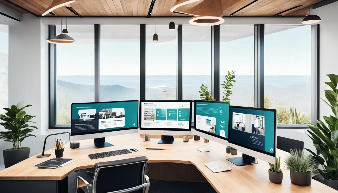 An elegantly arranged modern office with multiple monitors displaying information on remote and onsite work, highlighting the comparative analysis of both work setups in a JOH Partners blog article.