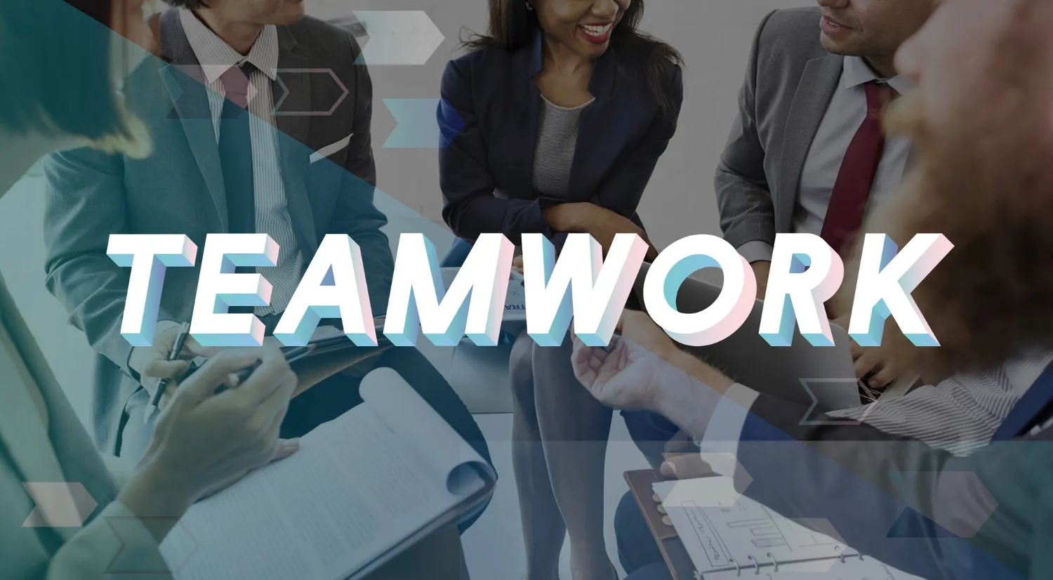 Image of a diverse group of professionals engaged in a team meeting, overlaid with the word 'TEAMWORK' in bold, symbolizing the focus on collaborative team structures as discussed in JOH Partners' blog.