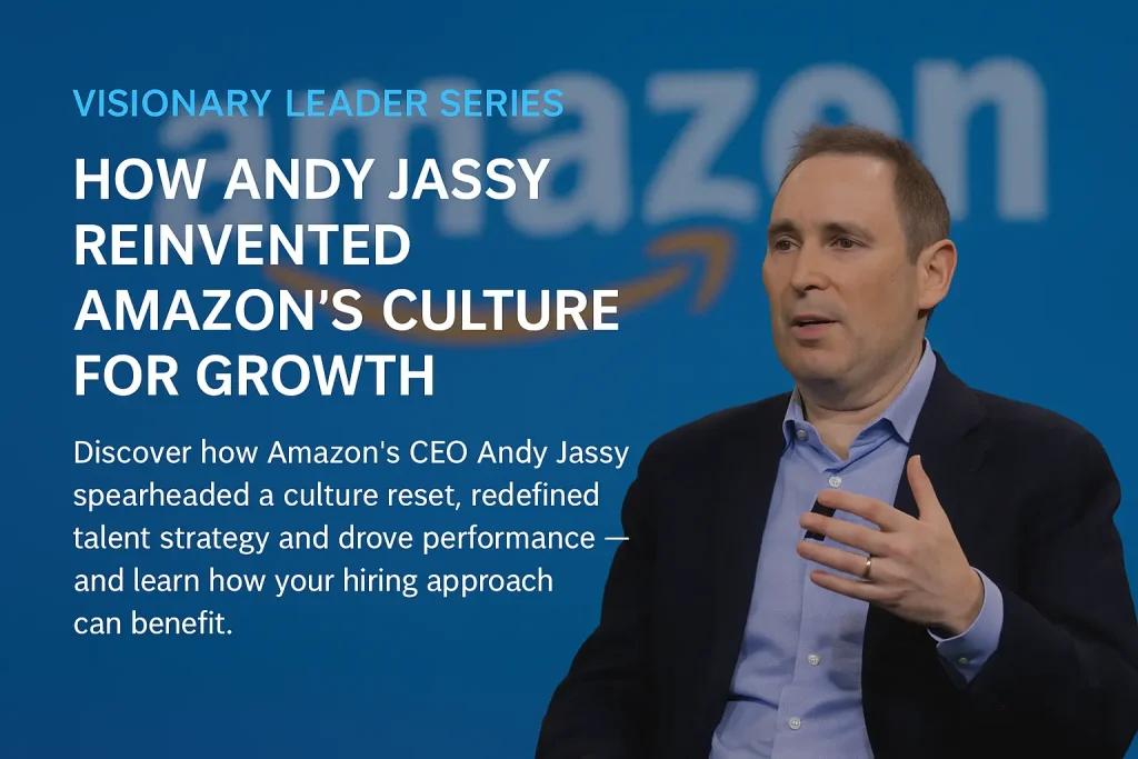 Andy Jassy speaking at an Amazon event during a discussion on Amazon’s culture reset and leadership transformation.