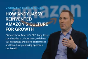 Andy Jassy speaking at an Amazon event during a discussion on Amazon’s culture reset and leadership transformation.