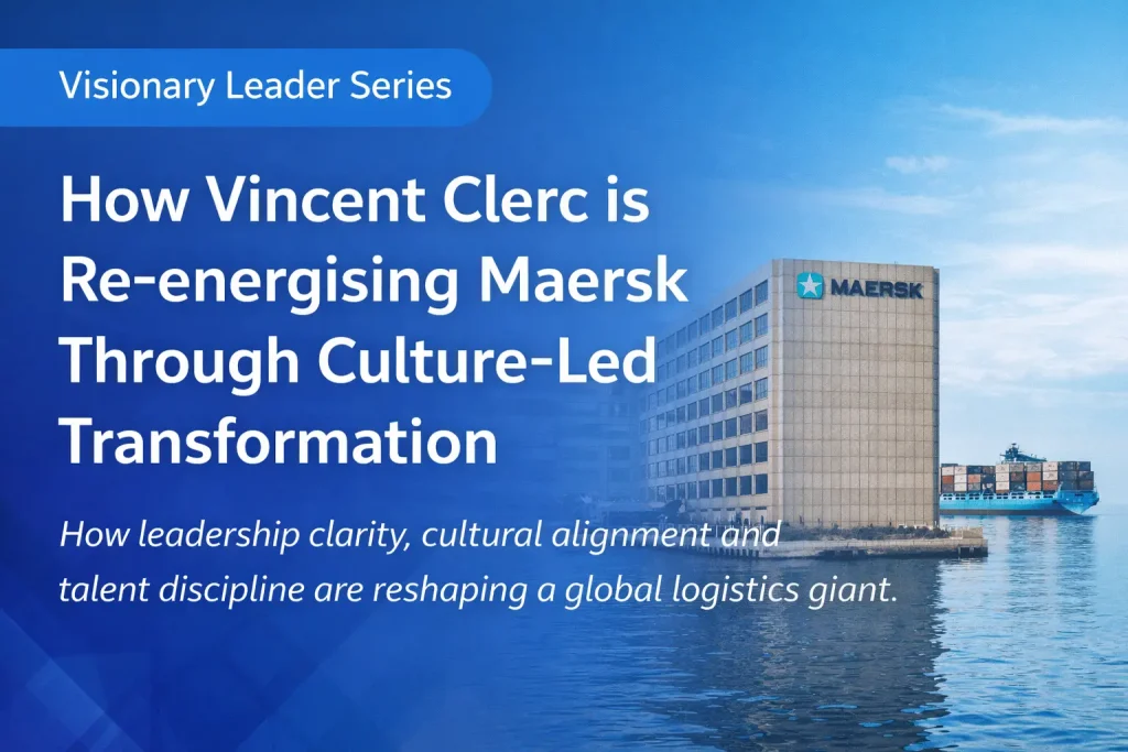 Maersk headquarters and container ship illustrating culture-led leadership transformation under Vincent Clerc, featured by JOH Partners