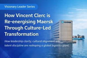 Maersk headquarters and container ship illustrating culture-led leadership transformation under Vincent Clerc, featured by JOH Partners